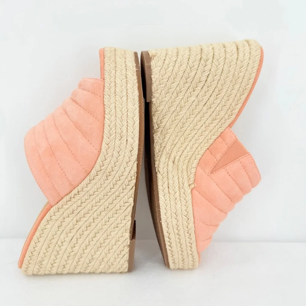 Lisa Vicky Womens Coral Pink Quilted Espadrille Wedge Mules Sz 6M Platform NWOB
